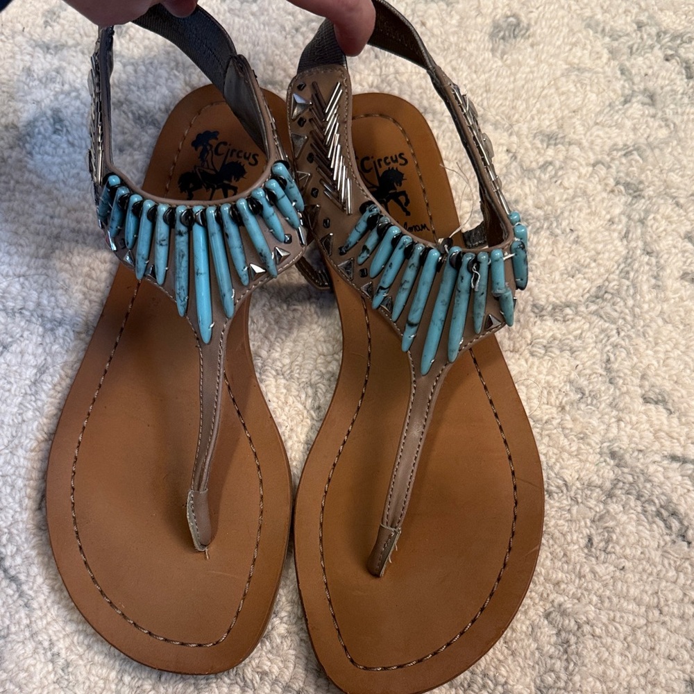 Circus by Sam Edelman Taupe Thong Sandals with Turquoise Bead Fringe